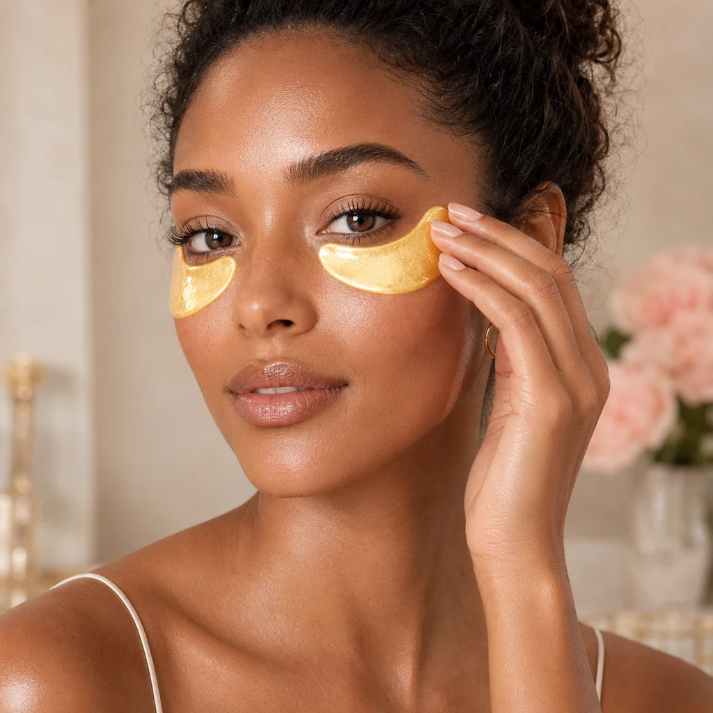 Woman wearing gold hydrogel under-eye patches